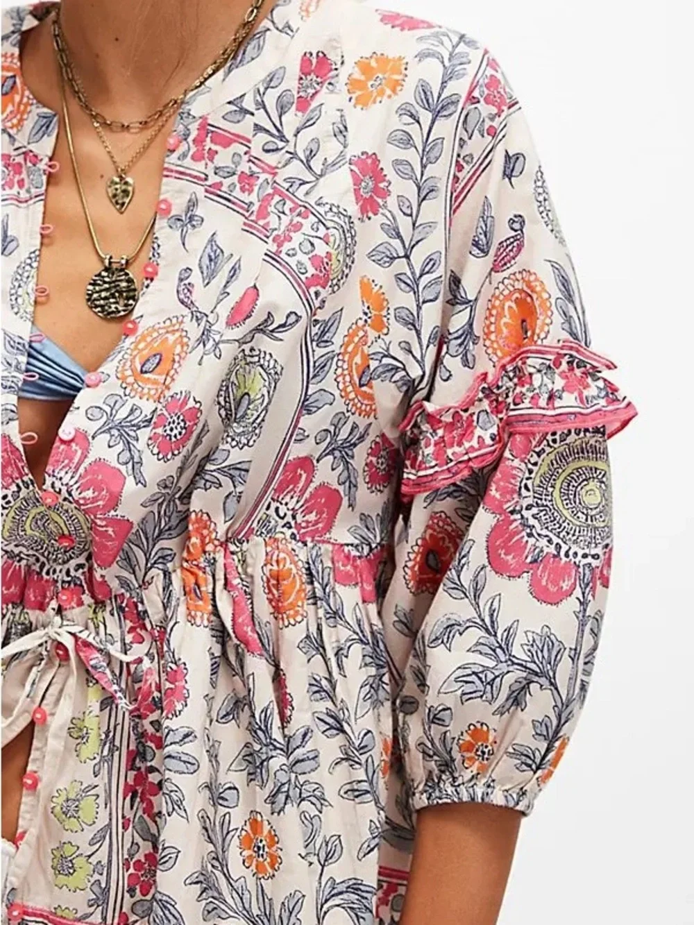 Free People Avery Tunic Puff Sleeves Cinched Waist Floral Peasant Statement Top